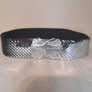 Vintage 60s 70s 80s Silver metal fishscale stretch elastic belt women's
